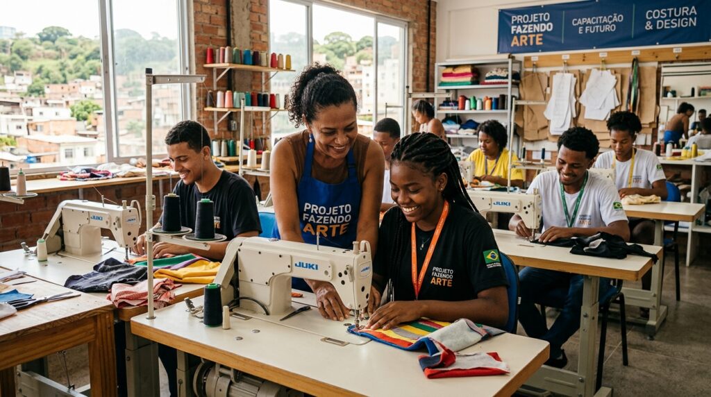 Jovens participando de oficina de capacitação promovida por projeto social financiado pelo FNS.