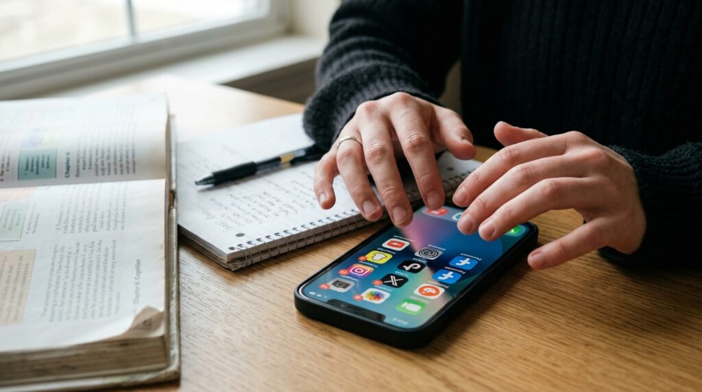 Mãos segurando um celular enquanto materiais de estudo e trabalho ficam em segundo plano.