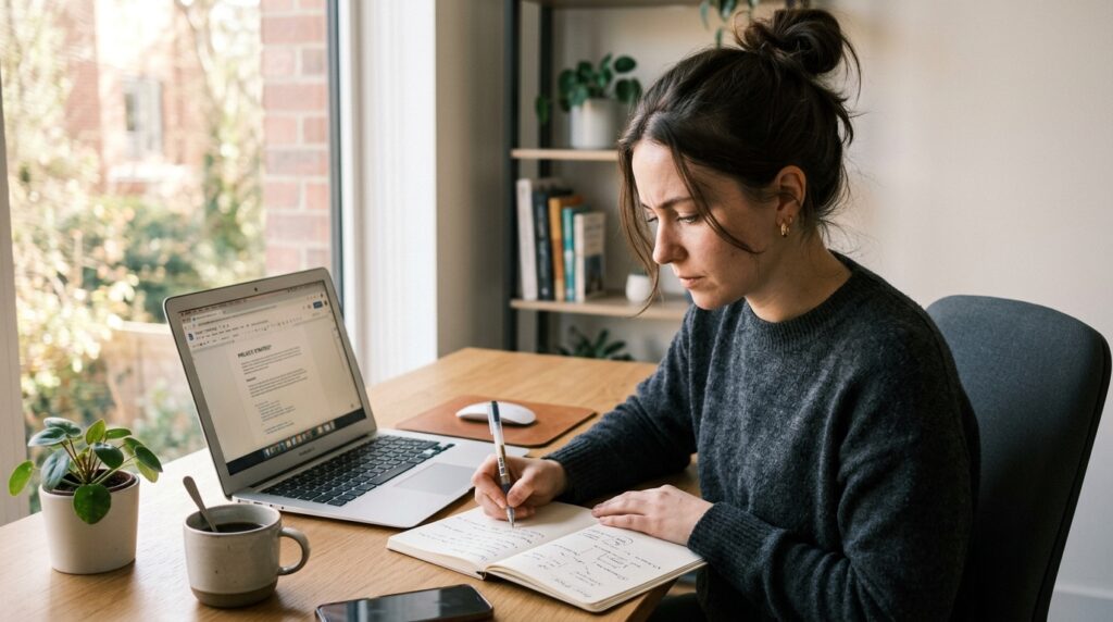 Pessoa focada no trabalho em uma mesa organizada aplicando técnicas para vencer a preguiça.