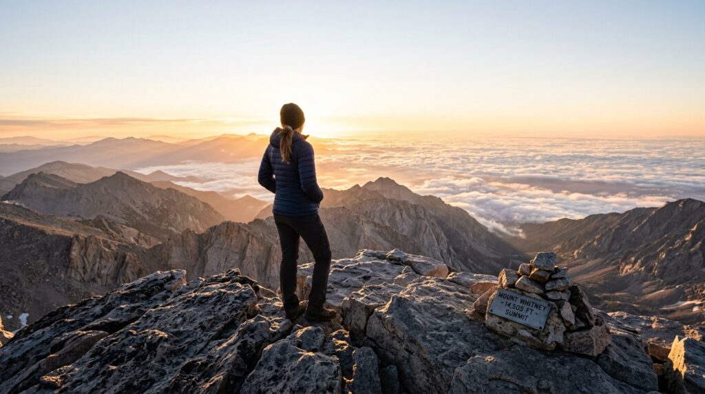 Pessoa no topo de uma montanha ao amanhecer simbolizando a clareza e a realização alcançadas com disciplina.