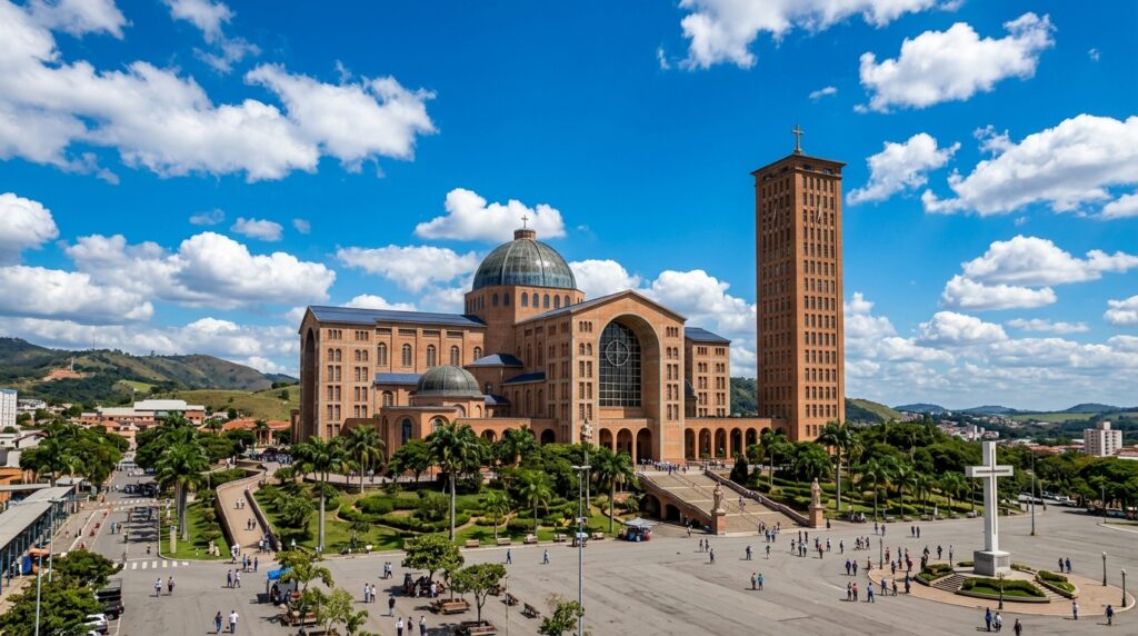 Fachada do Santuário Nacional de Nossa Senhora Aparecida em dia ensolarado representando a fé e a neutralidade da CNBB.