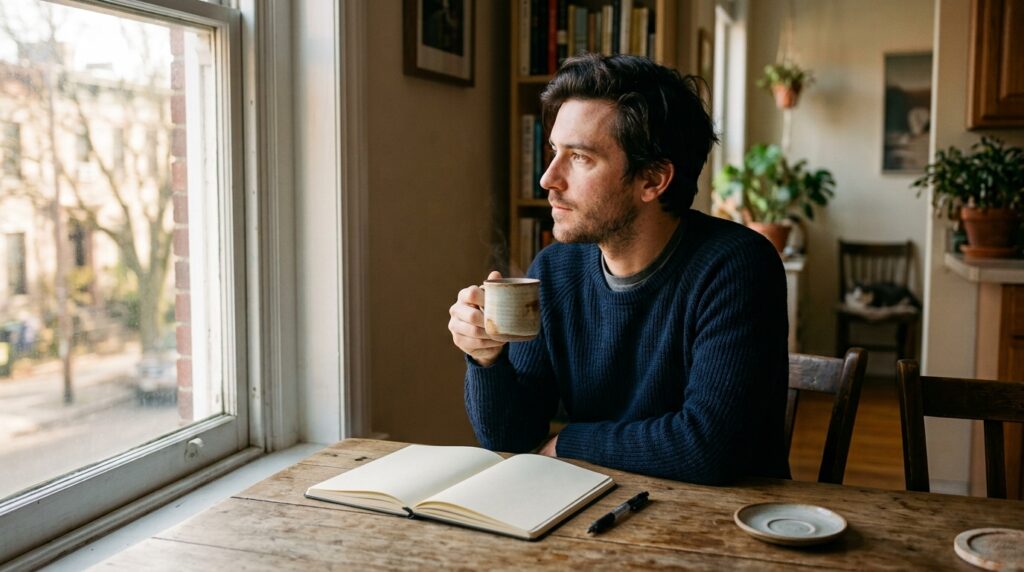 Homem reflexivo sentado à mesa de madeira ao amanhecer com um caderno aberto pensando em suas promessas pessoais.