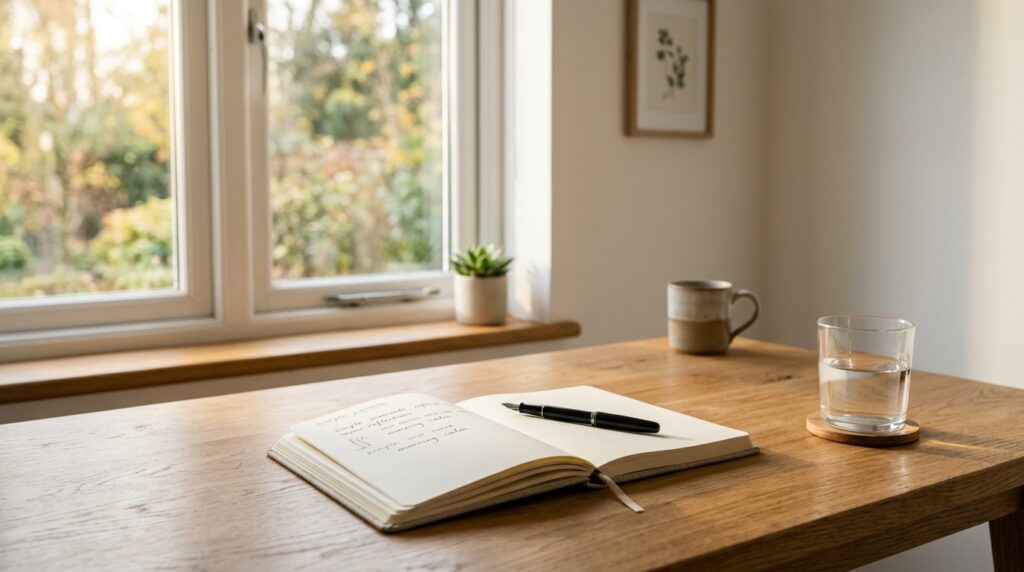 Mesa de trabalho minimalista e organizada com caderno aberto e luz matinal, simbolizando disciplina e foco para vencer a preguiça.
