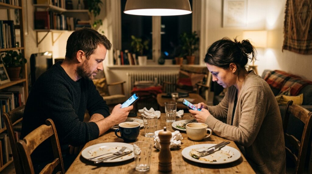 Homem e mulher em uma mesa de café olhando para seus próprios celulares sem conversar.