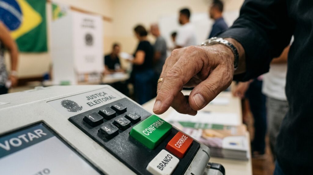 Mão de eleitor pronta para apertar a tecla confirma na urna eletrônica brasileira.