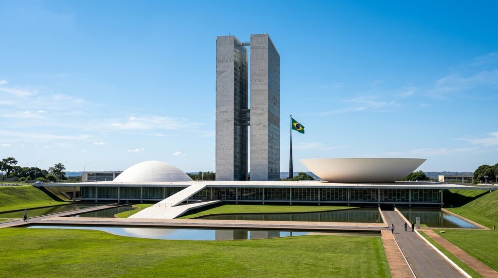 As duas torres e as cúpulas do Congresso Nacional em Brasília sob céu claro.