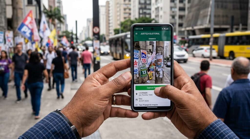 Cidadão utilizando o celular para registrar infração de propaganda eleitoral em via pública