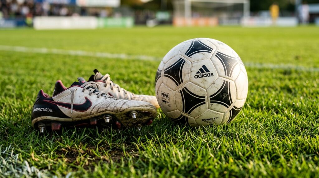Bola de futebol no gramado durante a preparação da Seleção Brasileira