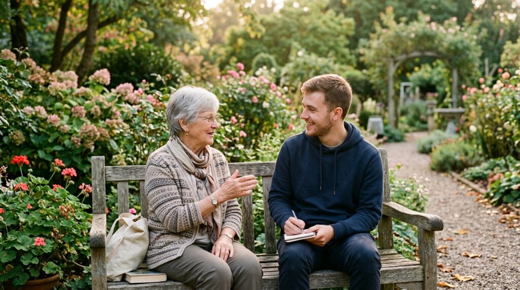 Duas pessoas de gerações diferentes conversando pacificamente em um jardim ao ar livre.