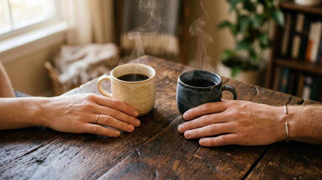 Duas mãos apoiadas em uma mesa de madeira rústica com duas xícaras de chá quentes, sugerindo conversa sincera.