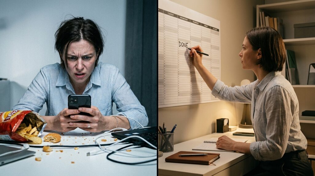 Comparativo visual entre procrastinação em ambiente desorganizado e execução calma com rotina planejada.