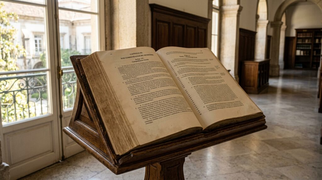 Livro das Diretrizes Gerais para a Ação Evangelizadora da CNBB aberto sobre um ambão de madeira.