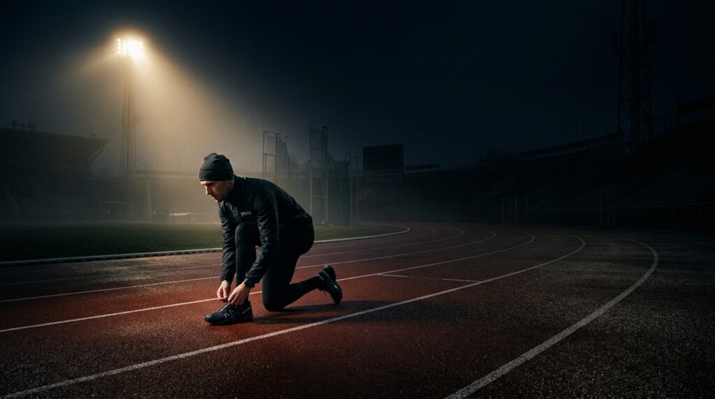 Pessoa amarrando os cadarços de um tênis em uma pista esportiva escura ao amanhecer, representando o treino solitário e focado.