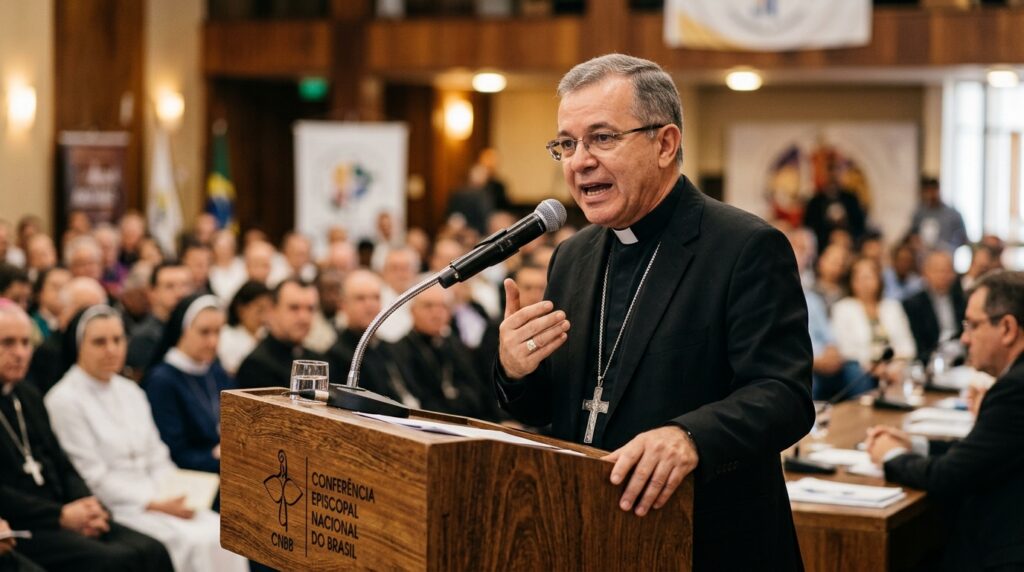 Dom Joel Portella Amado discursando sobre comunhão eclesial e o fenômeno das retrotopias no Consep.