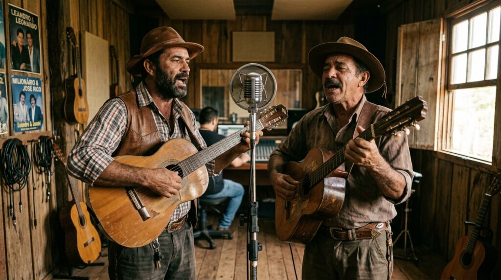 Dupla sertaneja tradicional cantando junta diante de um microfone em estúdio rústico