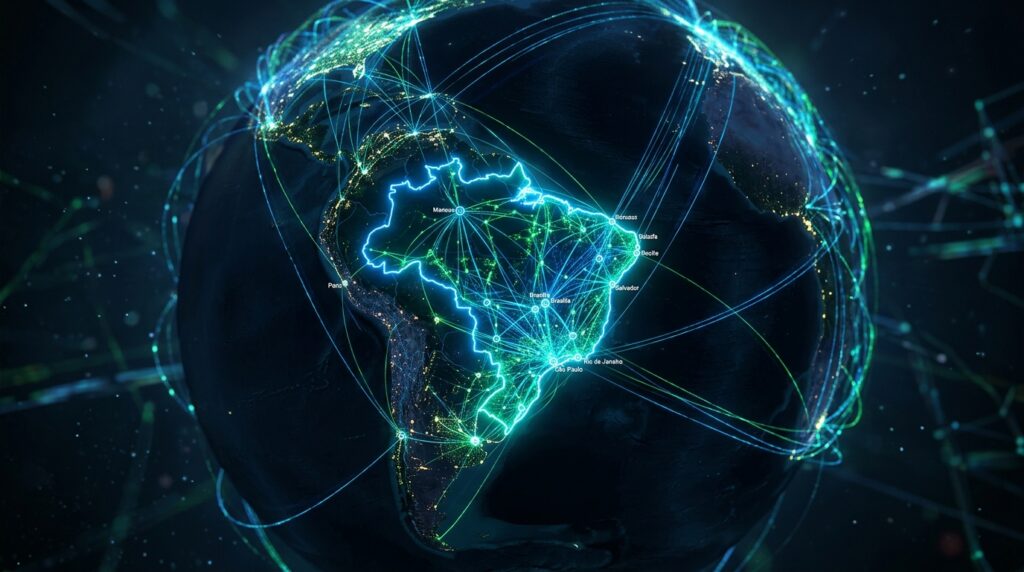Ilustração conceitual de redes digitais e dados transnacionais cercando o mapa do Brasil.