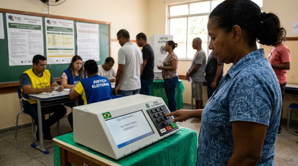Eleitor exercendo o voto consciente em urna eleitoral durante o processo democrático brasileiro.