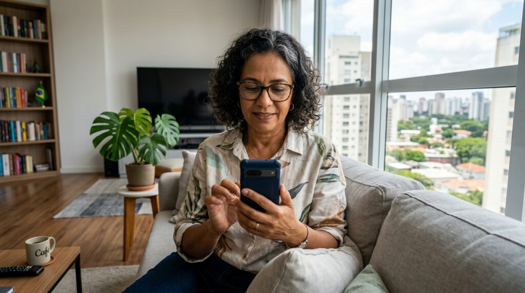 Eleitor brasileiro a acompanhar notícias sobre pesquisas eleitorais no telemóvel.
