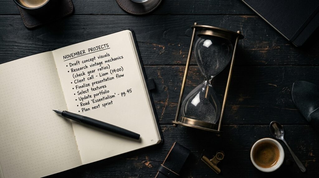Caderno de couro com anotações de prioridades ao lado de uma caneta e ampulheta sobre mesa de madeira escura.