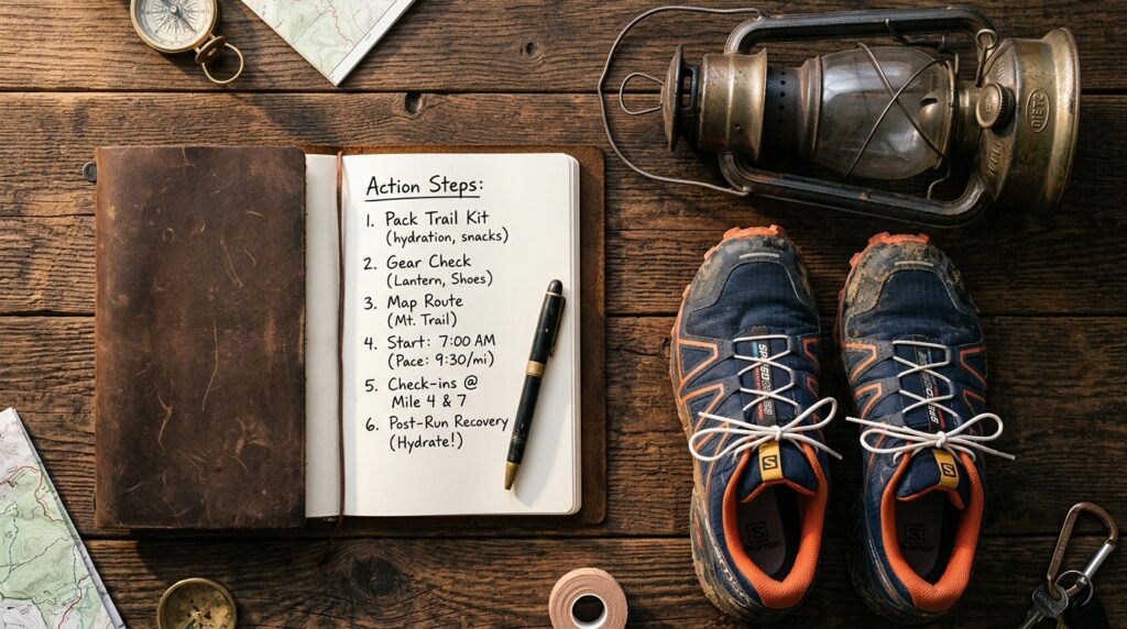 Caderno de anotações aberto ao lado de uma lanterna de mão e botas de caminhada sobre madeira escura.
