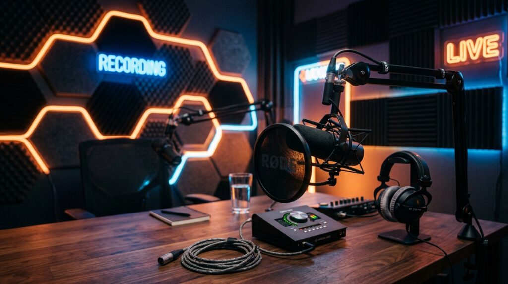 Microfone profissional em um estúdio de podcast iluminado com luzes de LED, representando o ambiente de gravação do episódio.