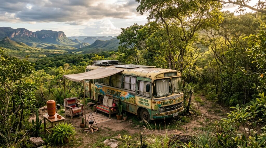 Ônibus adaptado como moradia ecológica no meio da vegetação da Chapada dos Veadeiros em Goiás.