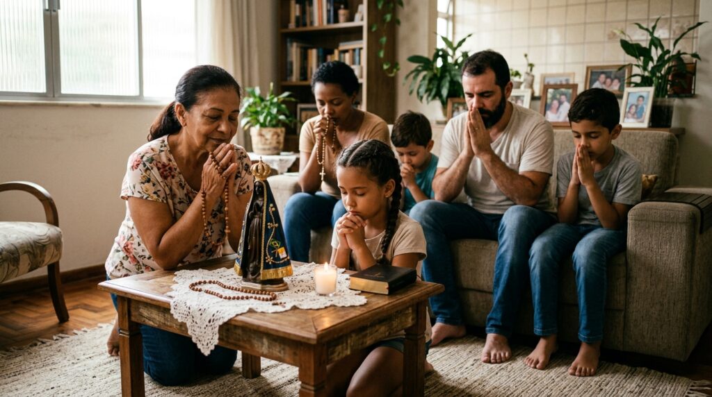 Família brasileira reunida em oração diante da imagem de Nossa Senhora Aparecida
