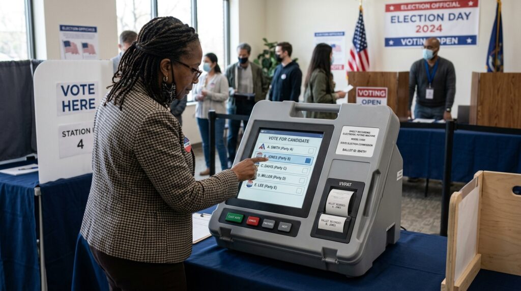 Mão de um eleitor depositando o voto em uma urna transparente durante eleição.