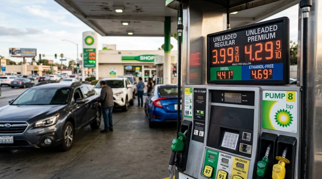 Bomba de combustível em posto de gasolina durante abastecimento de veículos.