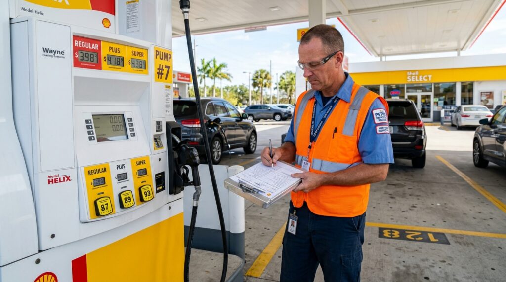 Agente de fiscalização verificando bomba de combustível em posto de gasolina.