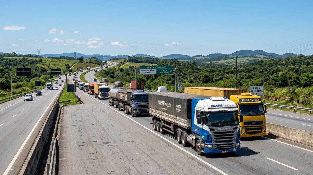 Caminhões de carga trafegando em rodovia brasileira.