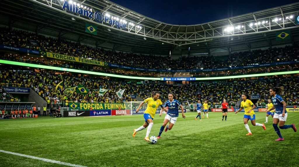 Jogadoras em campo iluminado de estádio brasileiro durante partida profissional de futebol feminino
