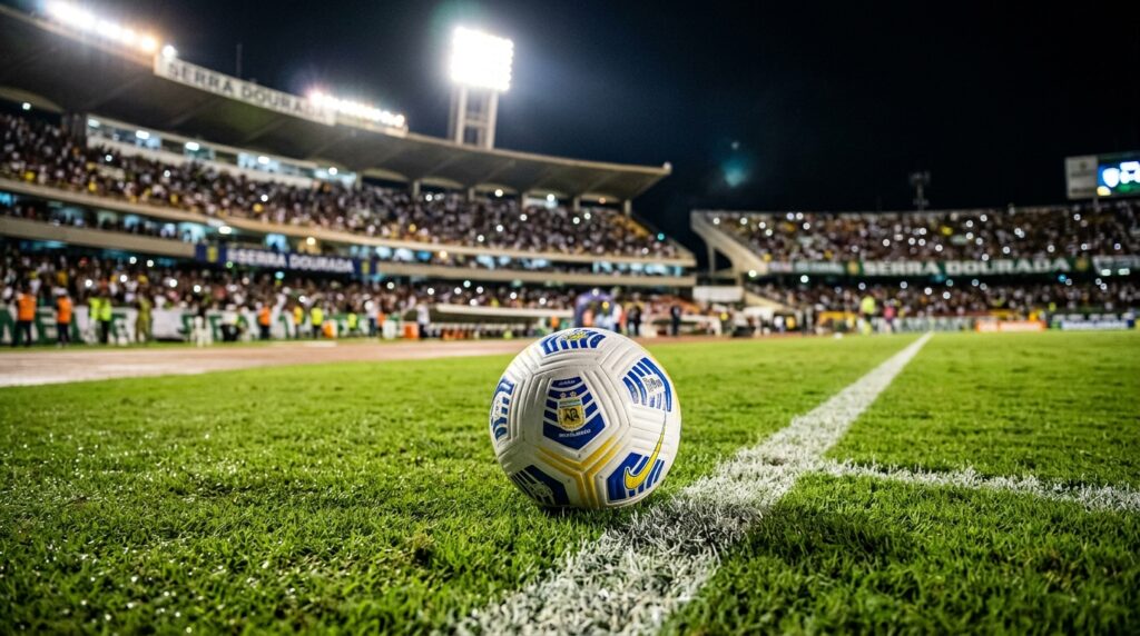 Placar de estádio de futebol em Goiânia destacando a disputa da Série B.