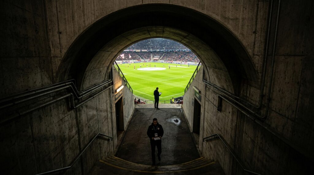 Túnel de acesso ao campo de futebol com iluminação dramática ao fundo