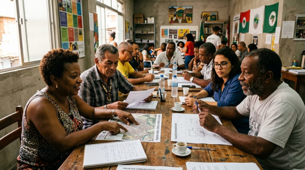 Líderes comunitários e gestores reunidos planejando ações sociais financiadas pelo FNS.