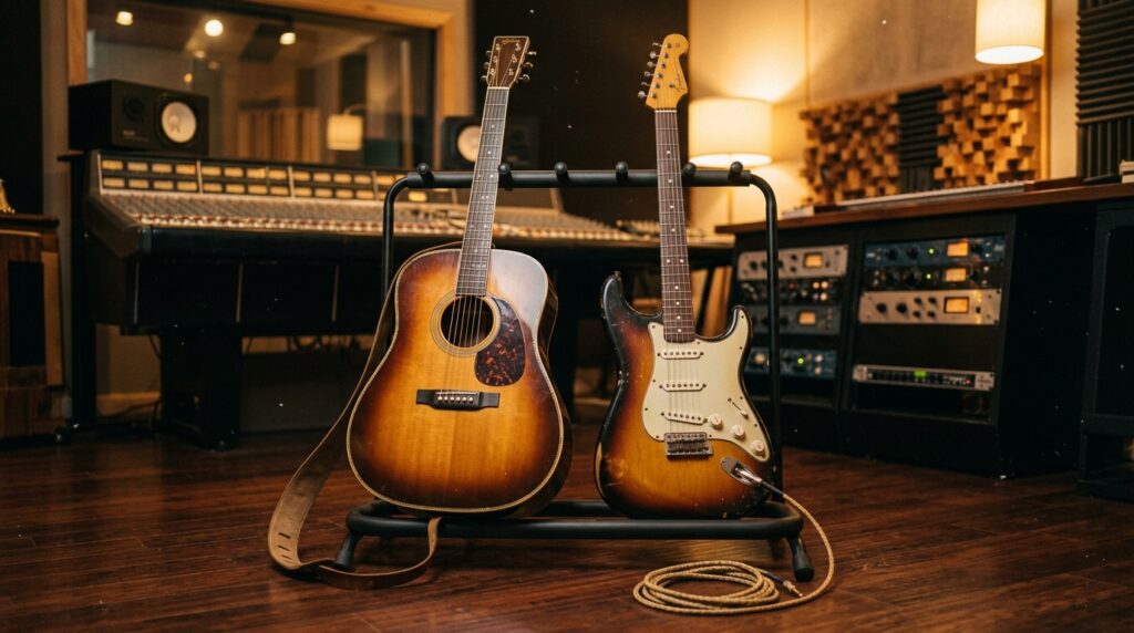 Guitarras em um estúdio de gravação representando a fusão do rock com o sertanejo.