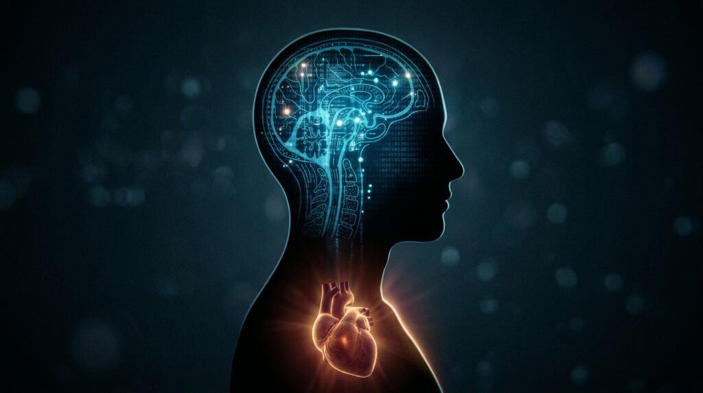 Ilustração conceitual sobre a inteligência artificial, redes neurais e a necessidade do coração humano na tecnologia.