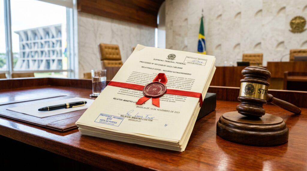 Documentos legais e um martelo de juiz sobre mesa de madeira em gabinete oficial.