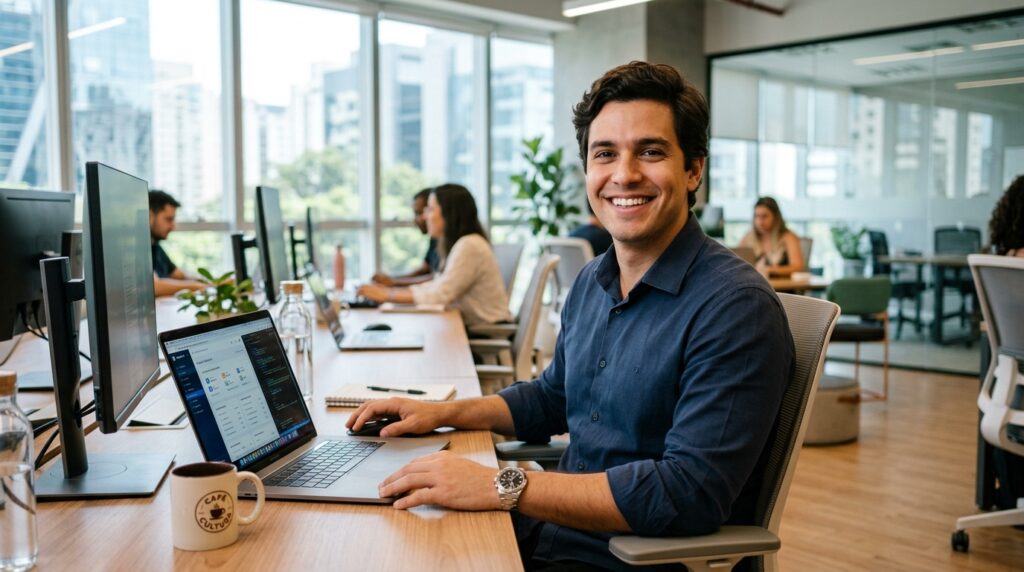Jovem profissional brasileiro trabalhando em escritório moderno representando a inserção no mercado de trabalho.
