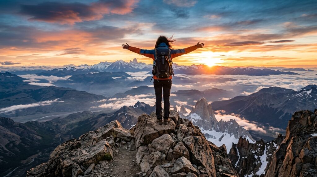 Pessoa no topo de uma montanha ao nascer do sol olhando a paisagem com sensação de liberdade e vitória.