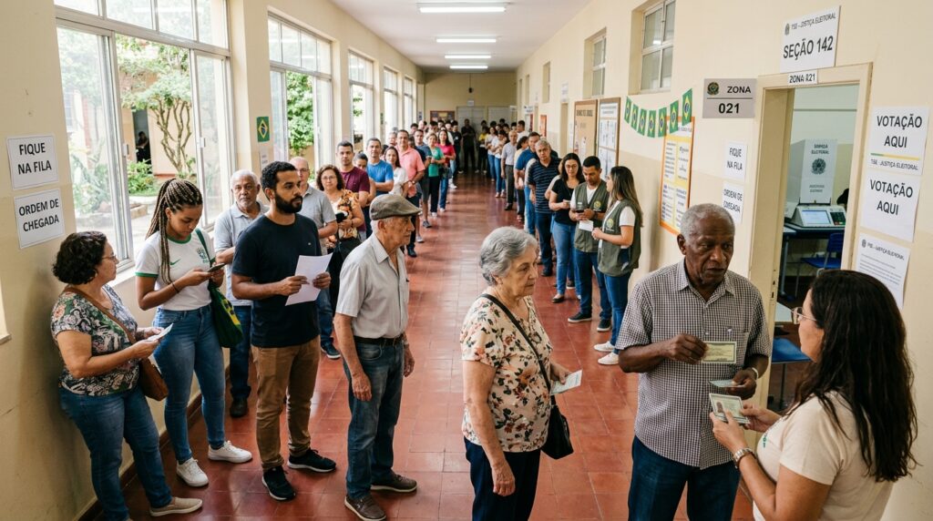 Eleitores organizados em fila dentro de corredor de escola cadastrada como local de votação para as eleições gerais.
