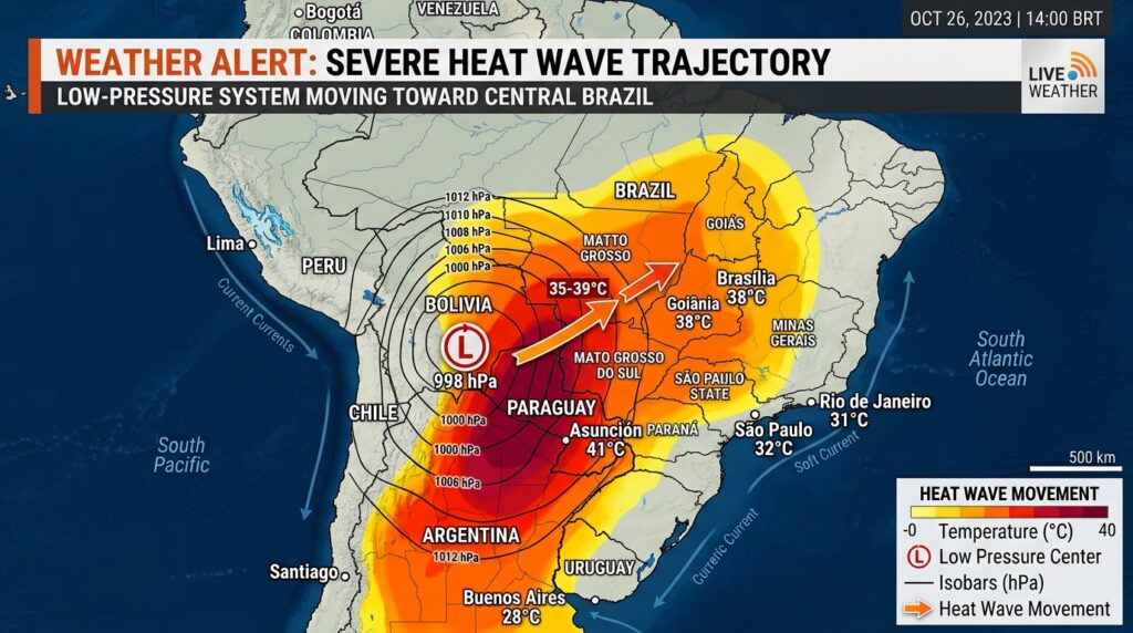 Mapa meteorológico ilustrando o deslocamento da onda de calor em direção a Goiás.