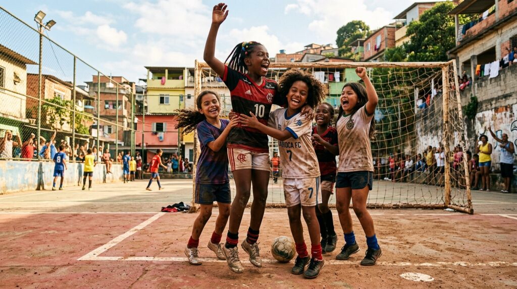 Jovens jogando futebol em campo comunitário ensolarado representando o futuro do esporte feminino no Brasil