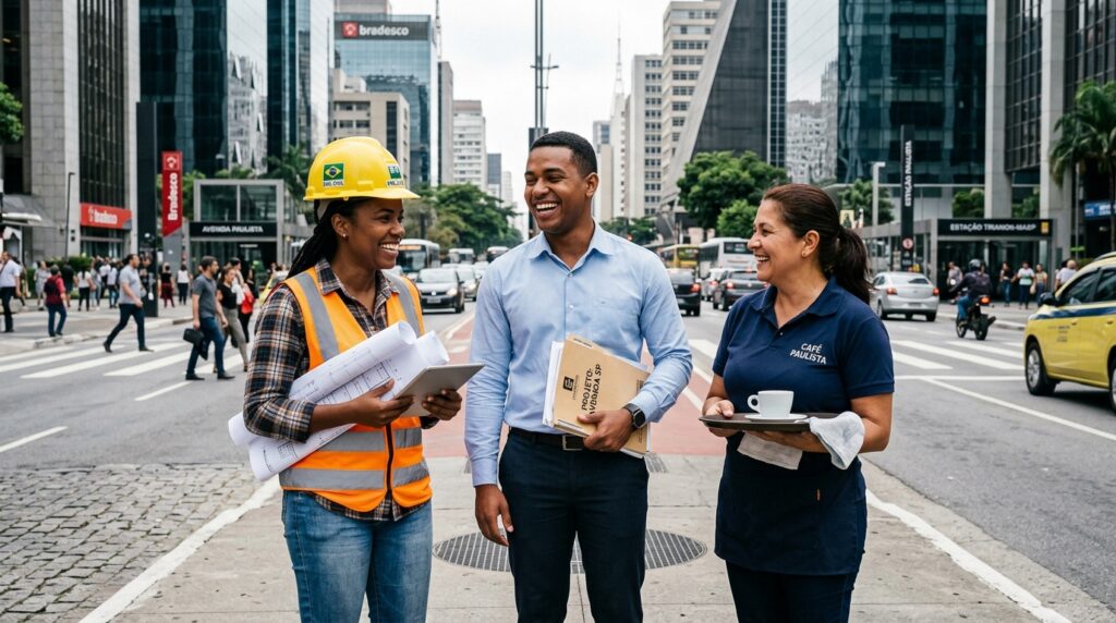 Trabalhadores brasileiros de diversos setores reunidos representando a criação de vagas formais no país.