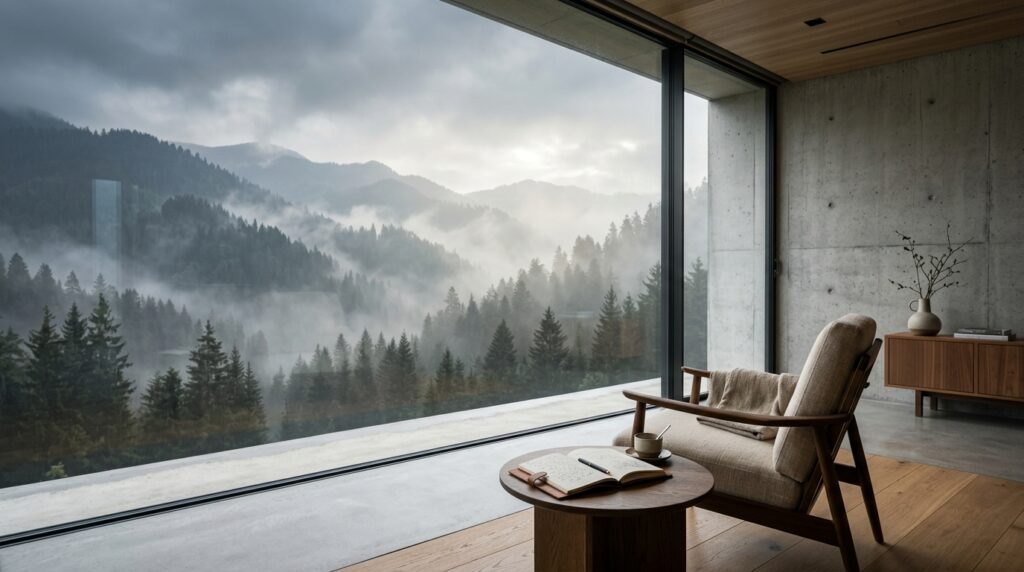 Sala espaçosa e minimalista com iluminação natural, contendo apenas uma poltrona de madeira e uma estante organizada.