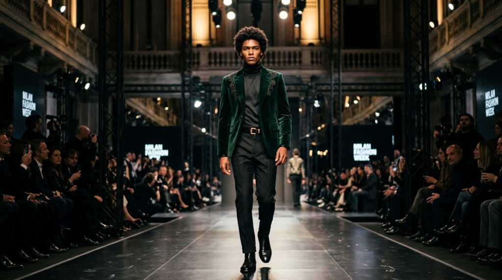 Jovem modelo goiano posando em uma rua histórica de Milão após desfile internacional.