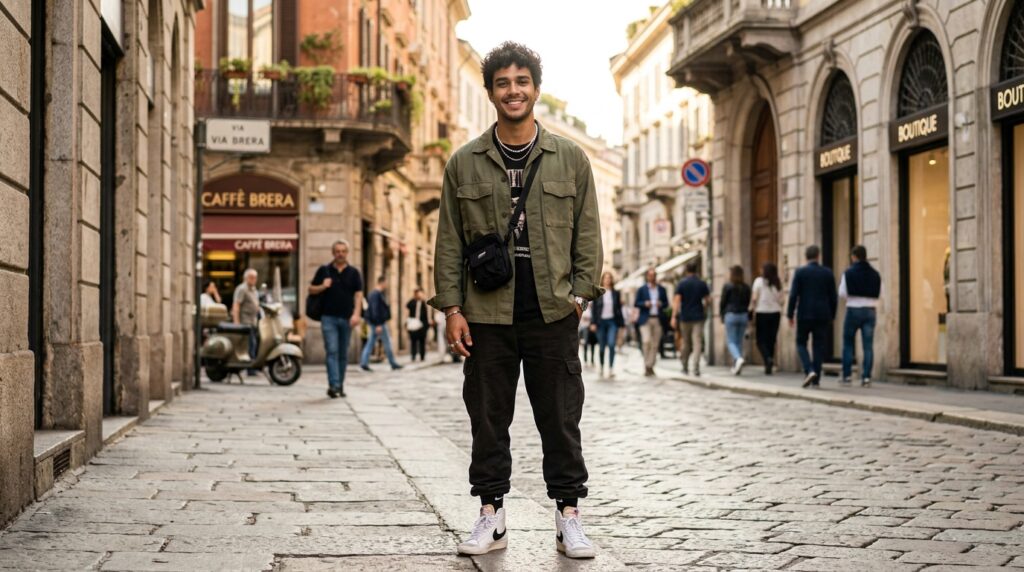 Modelo goiano desfilando na passarela da Semana de Moda de Milão vestindo alta costura.