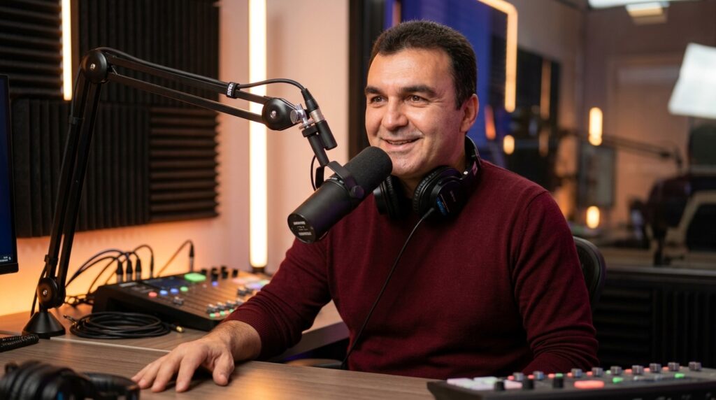 Microfone profissional de podcast em destaque em um estúdio com iluminação aconchegante ao fundo.