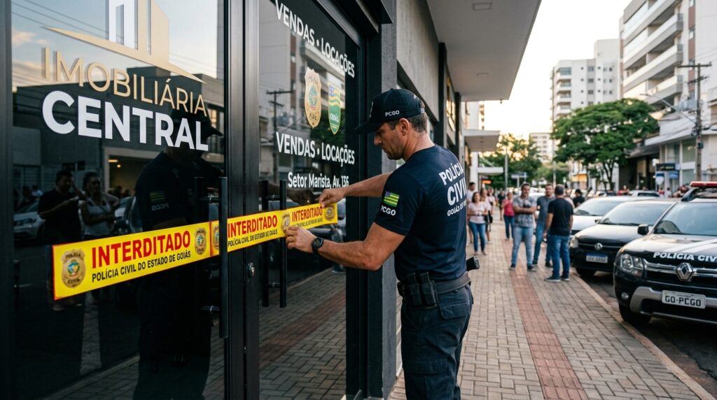 Agentes da Polícia Civil de Goiás realizando ação operacional em imobiliária investigada por fraudes em Goiânia.