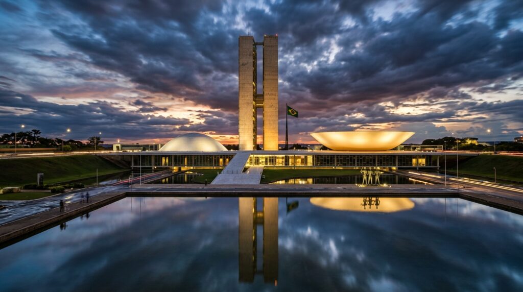 Fachada do Congresso Nacional em Brasília ao anoitecer.